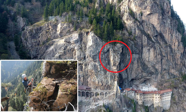 Sümela Manastırı'nı tehdit eden 360 tonluk kaya sabitleniyor